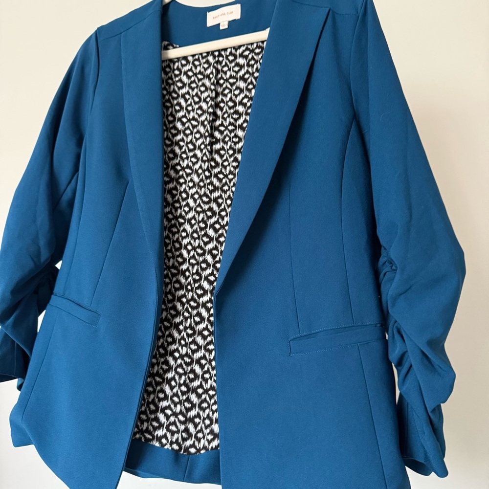 Skies Are Blue Teal Open Front Blazer Ruched Sleeve Large Anthro Style - Picture 2 of 7